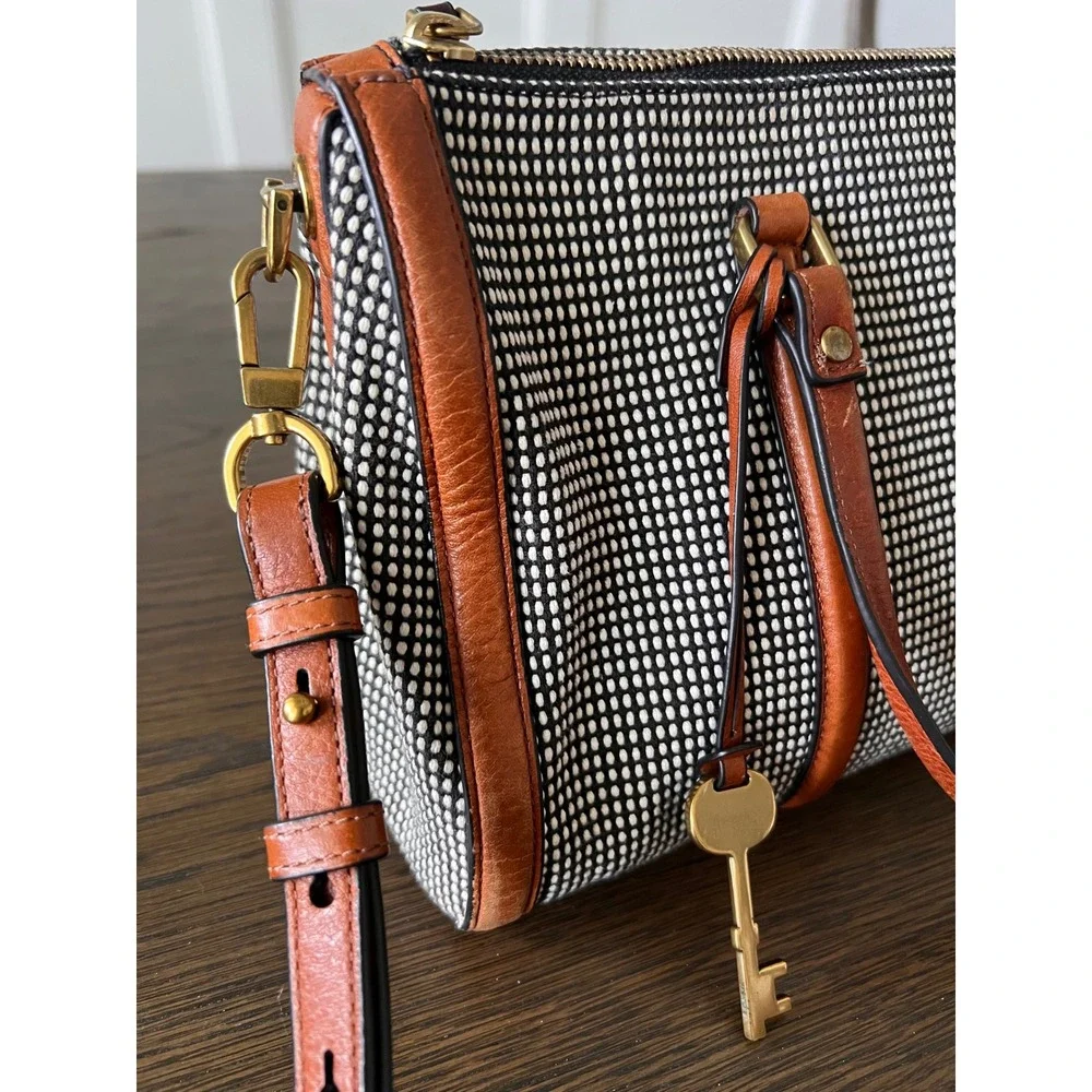 Fossil Rachel Satchel Black White Woven Dotted Leather Trim Crossbody Bag